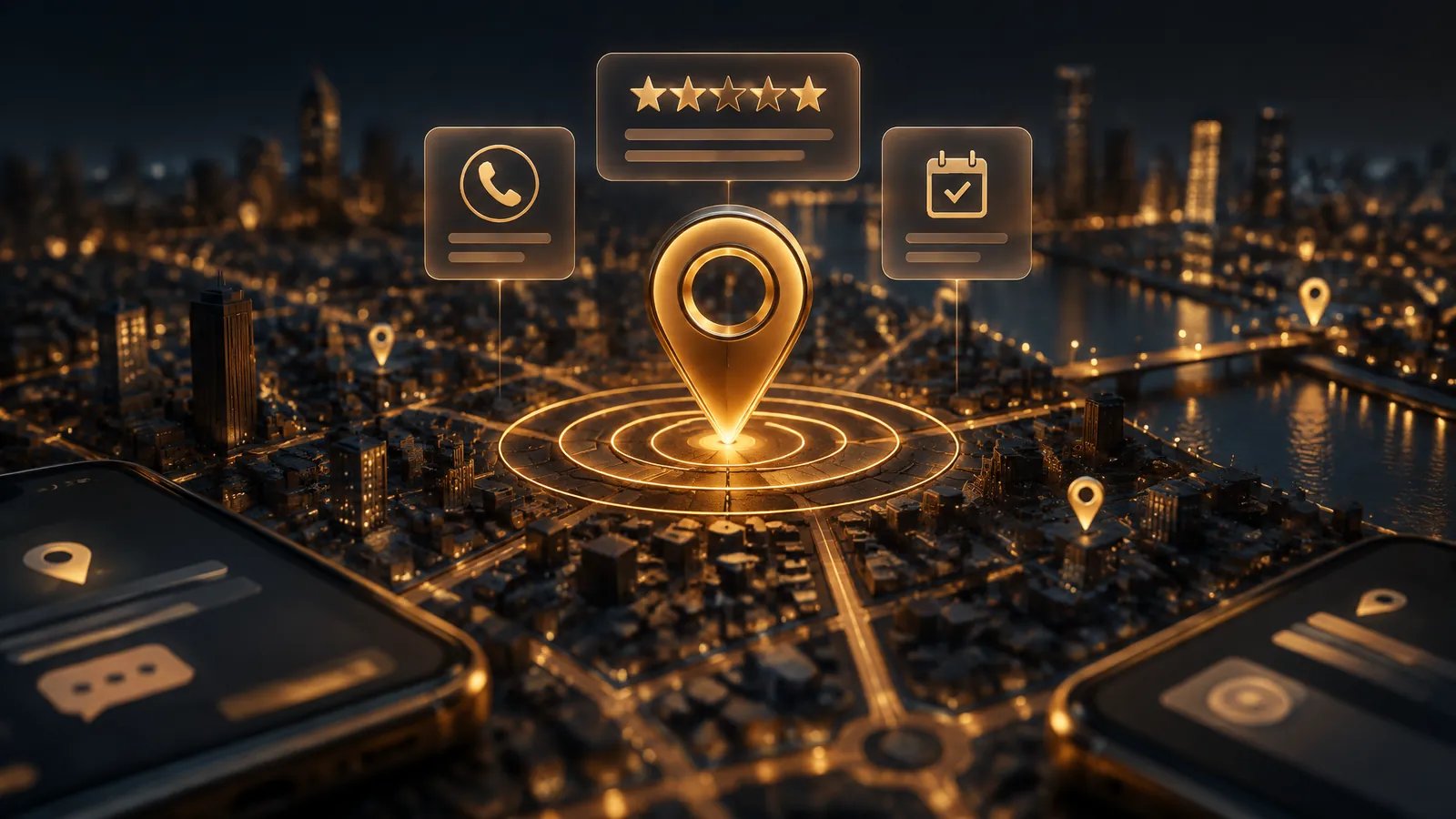 Call-to-action background. Premium cinematic 3D render, deep midnight-navy background (#0A0E17), glossy devices and frosted-glass interface cards with polished brass and warm gold accents, warm gold key light, ember-orange rim light, faint ice-blue fill, shallow depth of field, soft bokeh. Interface elements are abstract shapes and icons only, with no readable words, numbers, logos or people. A dark 3D city street map seen from a low cinematic angle, streets drawn as fine glowing gold lines; in the center one tall polished brass map pin glows with concentric signal rings pulsing outward, and small frosted-glass cards float above it showing five gold stars, a phone-call icon and a calendar check mark. Centered composition with dark vignette edges for overlaid headline text.