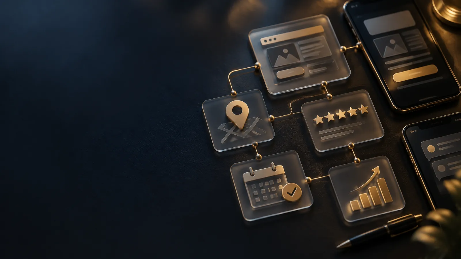 Dark section background for a process or planning section. Premium cinematic 3D render, deep midnight-navy background (#0A0E17), glossy devices and frosted-glass interface cards with polished brass and warm gold accents, warm gold key light, ember-orange rim light, faint ice-blue fill, shallow depth of field, soft bokeh. Interface elements are abstract shapes and icons only, with no readable words, numbers, logos or people. Top-down view of a dark matte surface with frosted-glass cards laid out like a strategy plan on the right: a website wireframe card, a map-pin card, a five-star card, a calendar card with a check and a rising bar-chart card, connected by thin glowing gold lines. The left side is calm empty dark space for text.