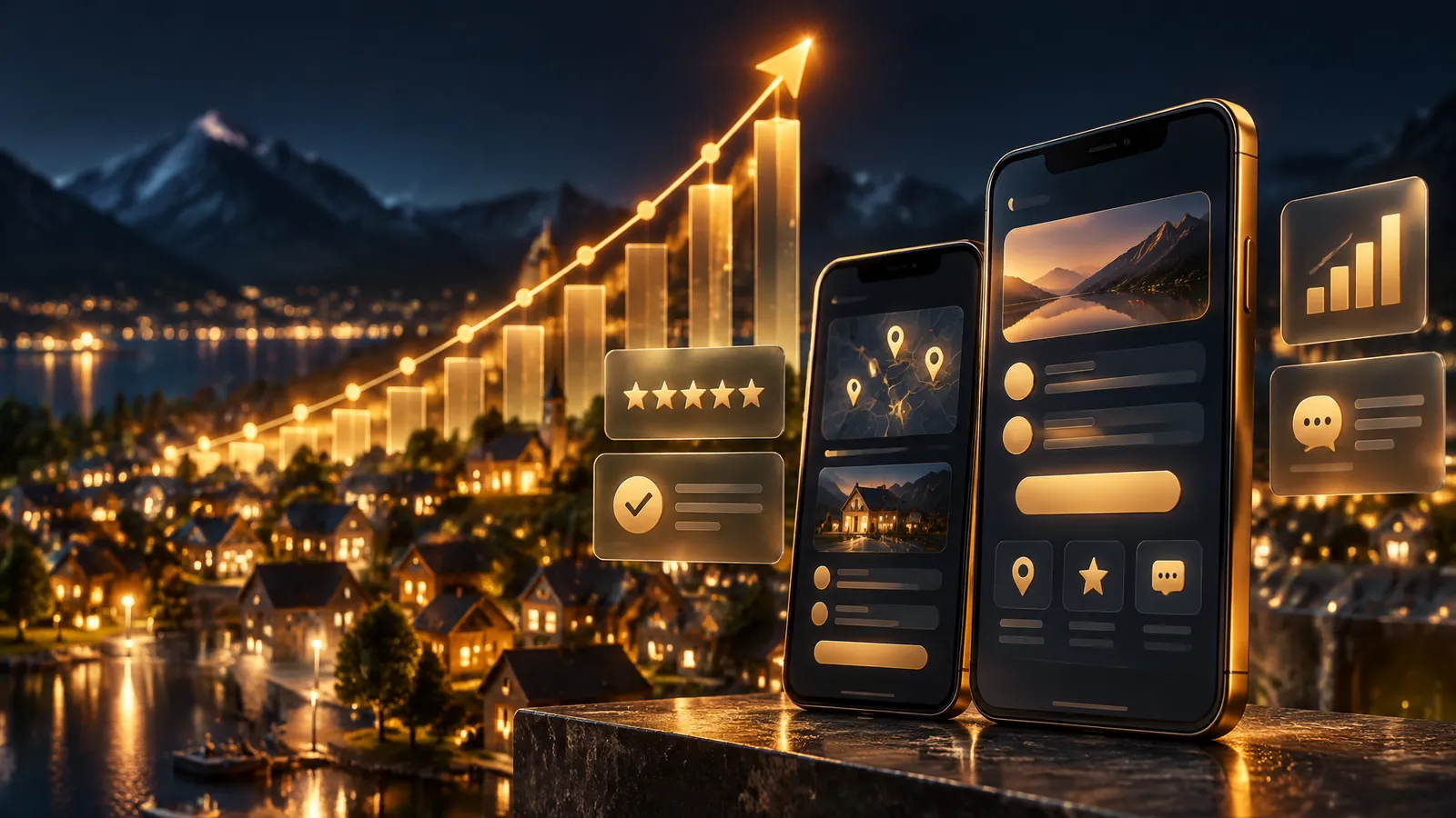 Section background for results and case studies. Premium cinematic 3D render, deep midnight-navy background (#0A0E17), glossy devices and frosted-glass interface cards with polished brass and warm gold accents, warm gold key light, ember-orange rim light, faint ice-blue fill, shallow depth of field, soft bokeh. Interface elements are abstract shapes and icons only, with no readable words, numbers, logos or people. A glowing gold line chart and bar graph made of light rises steeply from lower left to upper right with an arrow at the top, above a softly out-of-focus miniature night town and mountains; beside it a smartphone and glass cards with stars, a check mark and a rising chart.