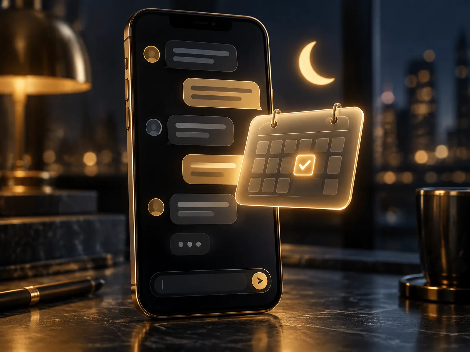 Service visual for an AI chat and booking assistant. Premium cinematic 3D render, deep midnight-navy background (#0A0E17), glossy devices and frosted-glass interface cards with polished brass and warm gold accents, warm gold key light, ember-orange rim light, faint ice-blue fill, shallow depth of field, soft bokeh. Interface elements are abstract shapes and icons only, with no readable words, numbers, logos or people. An upright smartphone shows a chat of alternating dark and gold rounded message bubbles; a glowing gold calendar card with a check mark pops out of the screen and a small crescent-moon icon glows nearby to suggest a booking made late at night. A brass desk lamp and city lights are blurred behind.