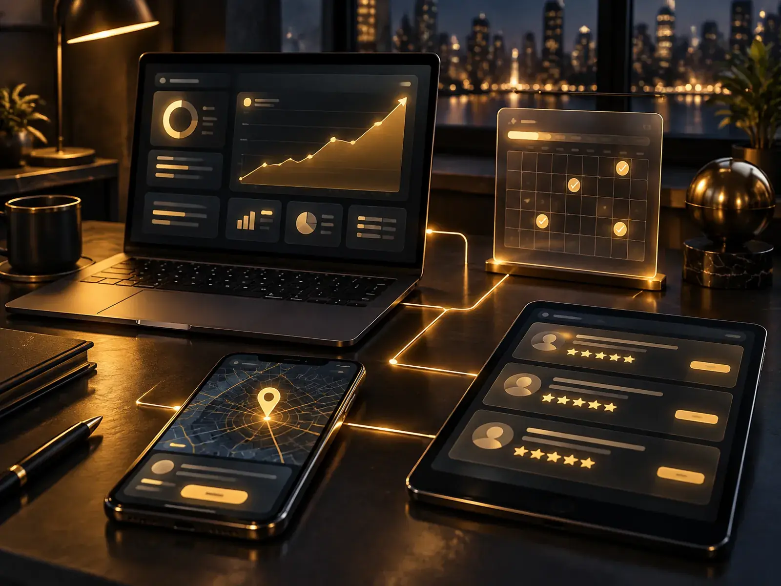 Service visual for an all-in-one marketing plan. Premium cinematic 3D render, deep midnight-navy background (#0A0E17), glossy devices and frosted-glass interface cards with polished brass and warm gold accents, warm gold key light, ember-orange rim light, faint ice-blue fill, shallow depth of field, soft bokeh. Interface elements are abstract shapes and icons only, with no readable words, numbers, logos or people. A premium dark desk at night with a city skyline behind: a laptop showing a dashboard with a rising gold line chart, a smartphone with a map and glowing pin, a tablet with rows of five-star review cards and a frosted-glass calendar with check marks, all connected by thin glowing gold lines.