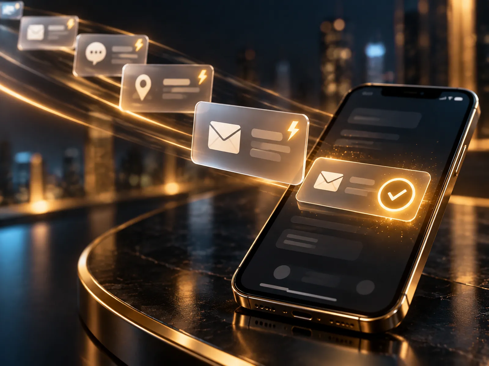 Service visual for instant lead follow-up. Premium cinematic 3D render, deep midnight-navy background (#0A0E17), glossy devices and frosted-glass interface cards with polished brass and warm gold accents, warm gold key light, ember-orange rim light, faint ice-blue fill, shallow depth of field, soft bokeh. Interface elements are abstract shapes and icons only, with no readable words, numbers, logos or people. A stream of frosted-glass notification cards, each with an envelope, chat or map-pin icon and a small gold lightning bolt, flies along a curved light trail toward a smartphone; the first card lands on the screen with a glowing gold check mark. Night city lights are blurred behind.