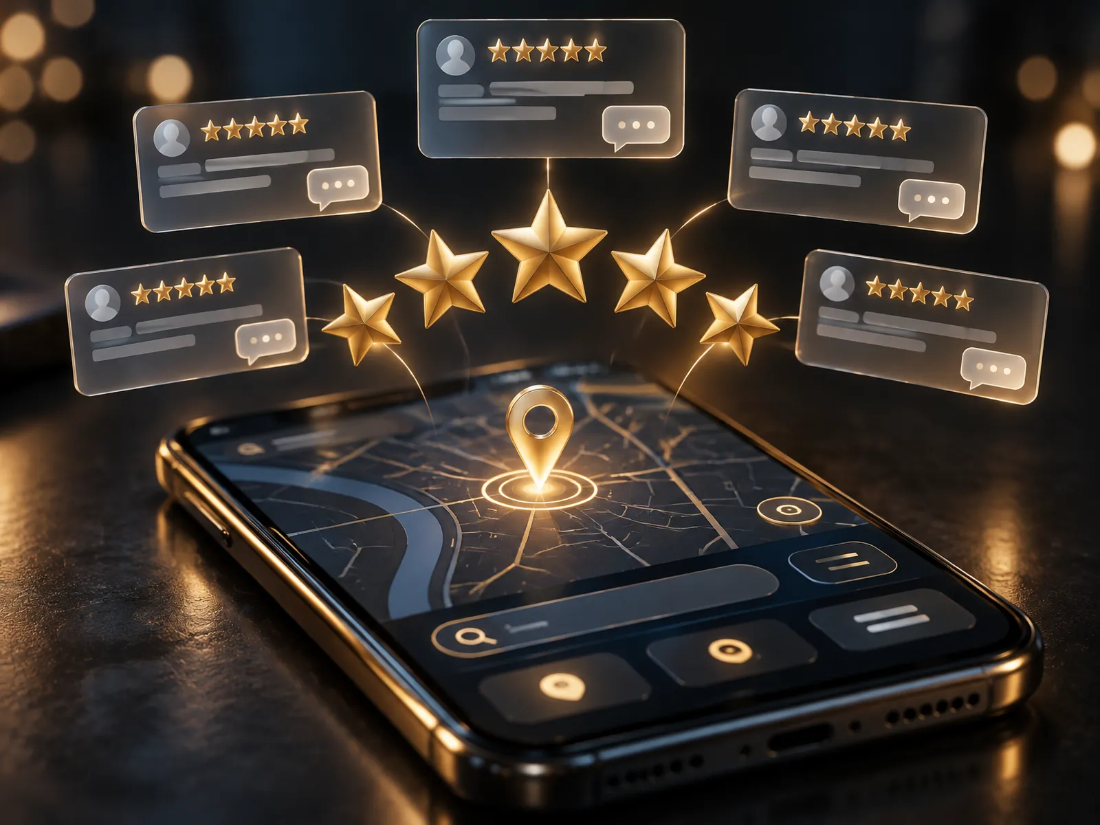 Service visual for online reviews and local profile management. Premium cinematic 3D render, deep midnight-navy background (#0A0E17), glossy devices and frosted-glass interface cards with polished brass and warm gold accents, warm gold key light, ember-orange rim light, faint ice-blue fill, shallow depth of field, soft bokeh. Interface elements are abstract shapes and icons only, with no readable words, numbers, logos or people. A smartphone lies at an angle on a dark surface showing a dark map with one glowing brass location pin; five large polished gold stars rise out of the screen in an arc, and frosted-glass review cards with rows of gold stars and small reply bubbles float above.