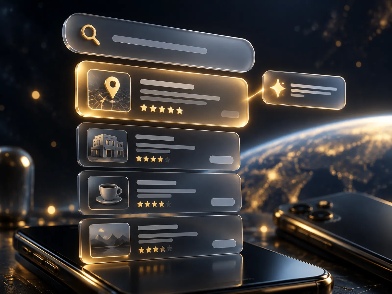 Service visual for search engine and AI search visibility. Premium cinematic 3D render, deep midnight-navy background (#0A0E17), glossy devices and frosted-glass interface cards with polished brass and warm gold accents, warm gold key light, ember-orange rim light, faint ice-blue fill, shallow depth of field, soft bokeh. Interface elements are abstract shapes and icons only, with no readable words, numbers, logos or people. A large frosted-glass search bar with a brass magnifying-glass icon floats above a column of glass search-result cards; the top result glows gold and is lifted above the others, showing a map-pin icon and five gold stars, and a small card with a sparkle icon floats beside it to suggest an AI answer. A glowing planet edge sits in the background.