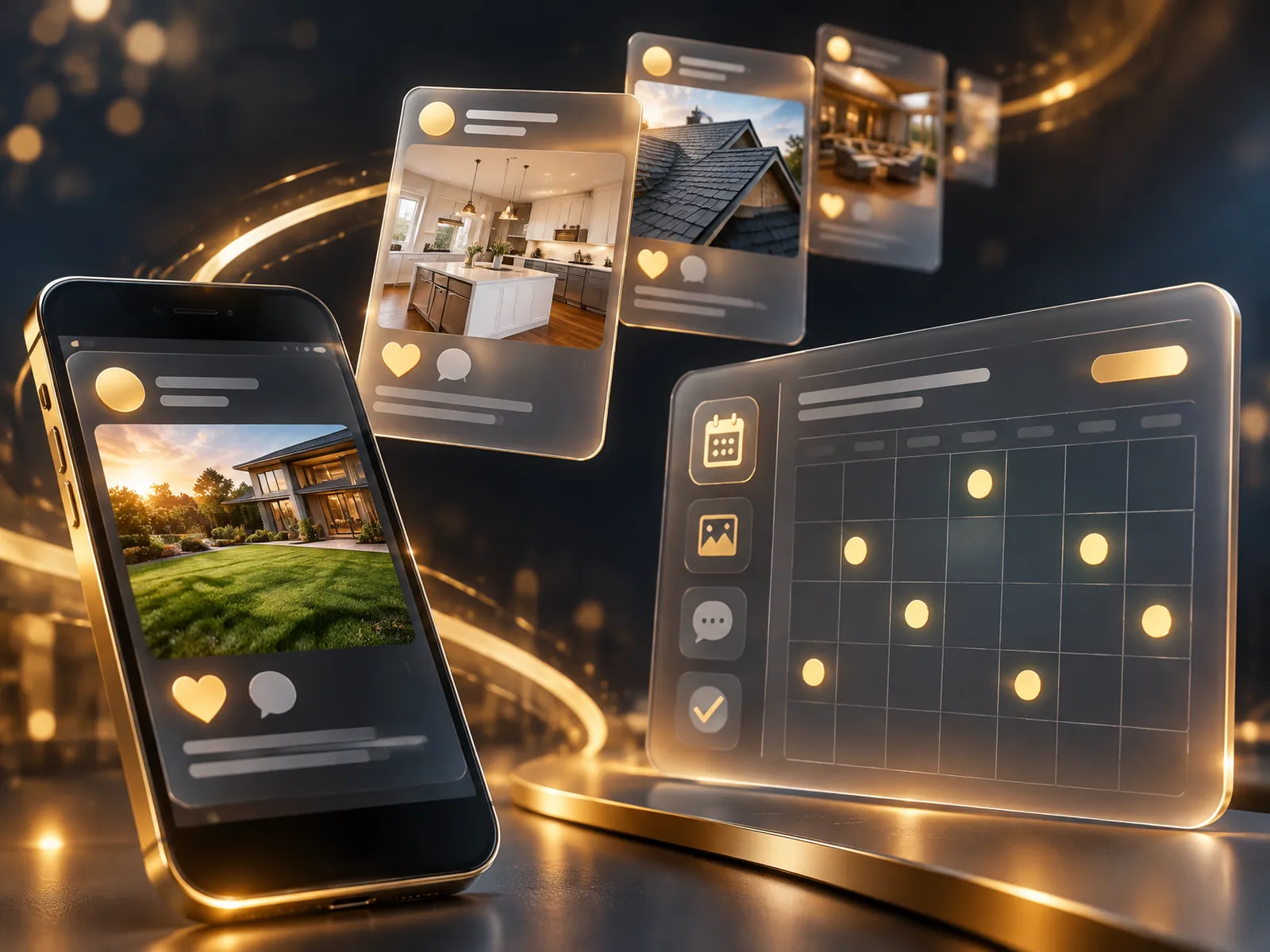 Service visual for social media content. Premium cinematic 3D render, deep midnight-navy background (#0A0E17), glossy devices and frosted-glass interface cards with polished brass and warm gold accents, warm gold key light, ember-orange rim light, faint ice-blue fill, shallow depth of field, soft bokeh. Interface elements are abstract shapes and icons only, with no readable words, numbers, logos or people. A cascading arc of glossy social post cards floats in space, each with a warm photo tile of a finished home project (a green lawn, a modern kitchen, a new roof) and small heart and comment icons; a smartphone shows one post and a frosted-glass content calendar with gold dots marks scheduled posts.