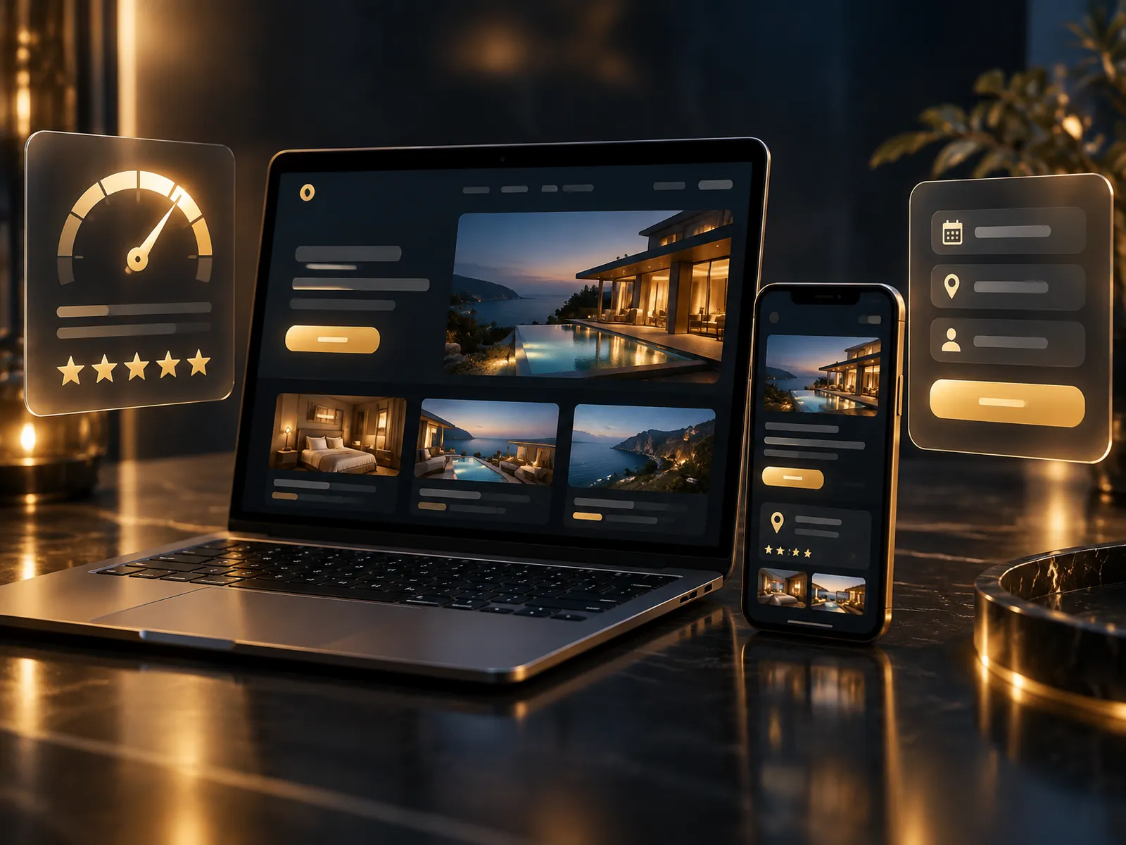 Service visual for website design. Premium cinematic 3D render, deep midnight-navy background (#0A0E17), glossy devices and frosted-glass interface cards with polished brass and warm gold accents, warm gold key light, ember-orange rim light, faint ice-blue fill, shallow depth of field, soft bokeh. Interface elements are abstract shapes and icons only, with no readable words, numbers, logos or people. A sleek laptop and a smartphone side by side on a dark reflective desk, both showing a modern dark website layout with a large hero photo, a gold call-to-action button and image tiles; beside them float a frosted-glass speed-gauge card with the needle at the top and a glass booking-form card with a gold button.