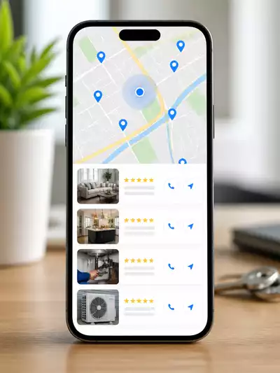 Modern smartphone displaying local search results for service businesses, with a map and business listings, clean, professional, no text, no words, no typography, 8K