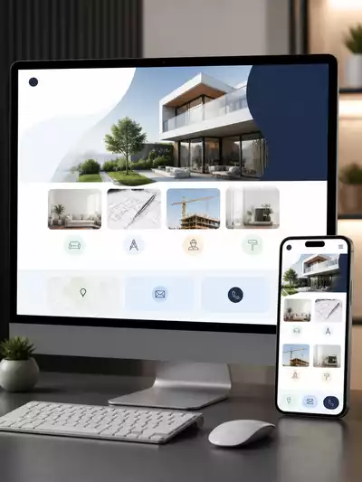 Clean, modern website displayed on a desktop computer and a smartphone, showing service offerings and contact information, user-friendly design, no text, no words, no typography, 8K
