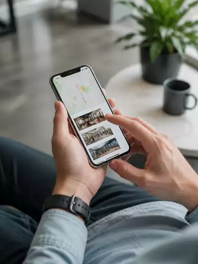 Person using a smartphone to search for local services, with a map and business listings on screen, clean background, modern setting