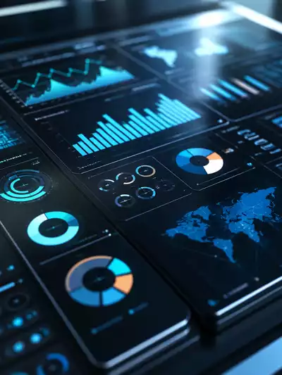 Abstract representation of data analysis and strategy planning, with graphs and charts on a digital screen, clean and modern aesthetic